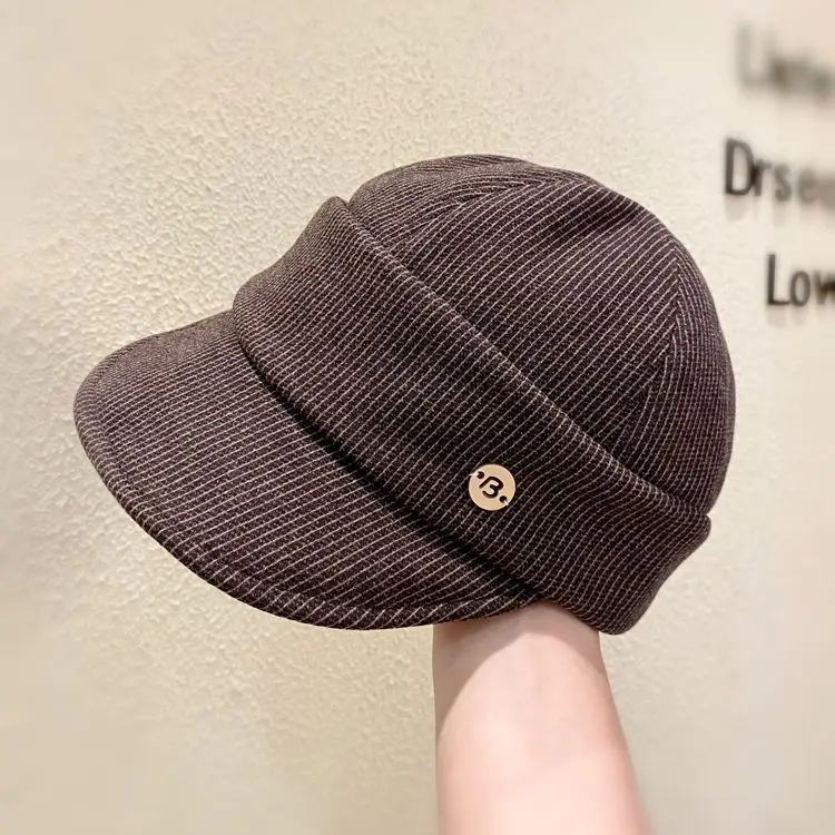 Women Classic Pleated Cap Grey Striped Spring Autumn - Image 3