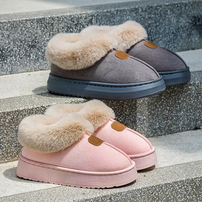 Snow Boots for Women, Winter Outer Wear, Thick-Soled Non-Slip Fleece-Lined and Thickeneded Couple Cotton Slippers, Home Plush Bag and Cotton Shoes