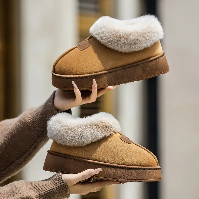 Snow Boots for Women, Winter Outer Wear, Thick-Soled Non-Slip Fleece-Lined and Thickeneded Couple Cotton Slippers, Home Plush Bag and Cotton Shoes