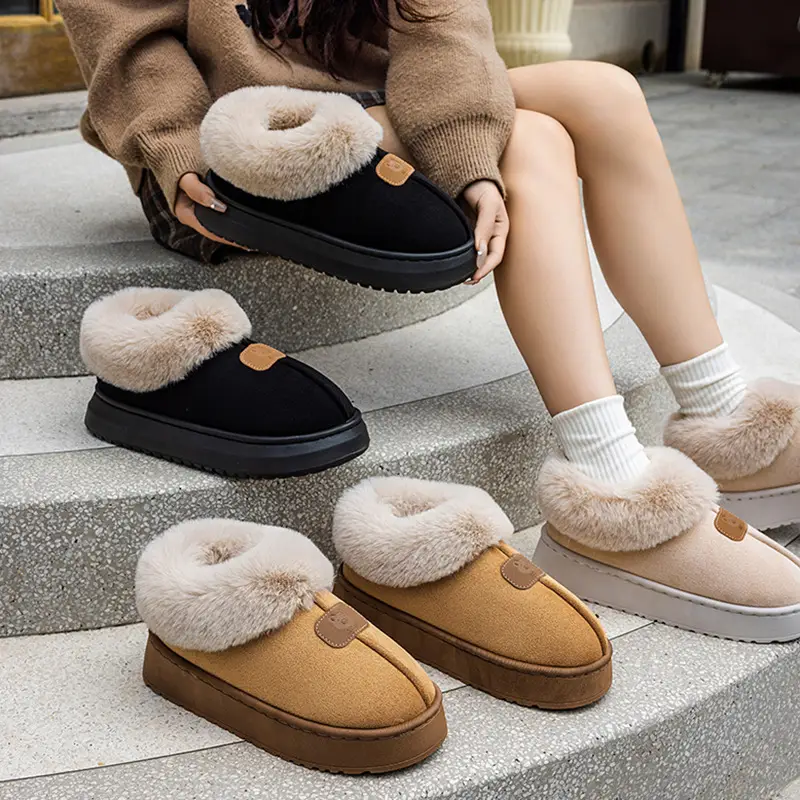 Snow Boots for Women, Winter Outer Wear, Thick-Soled Non-Slip Fleece-Lined and Thickeneded Couple Cotton Slippers, Home Plush Bag and Cotton Shoes
