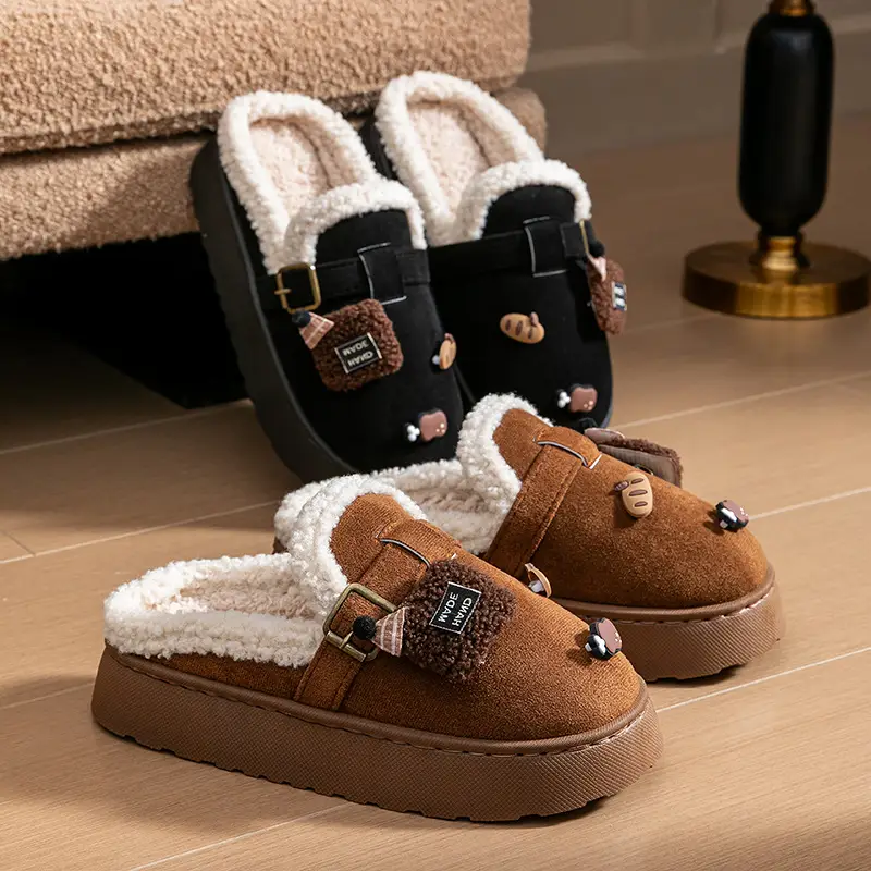 Creative DIY Velvet Birkenstock Cotton Shoes for Women in Autumn and Winter Fashionable Outer Wear Thick-Soled Non-Slip Warm Cotton Slippers - Image 11