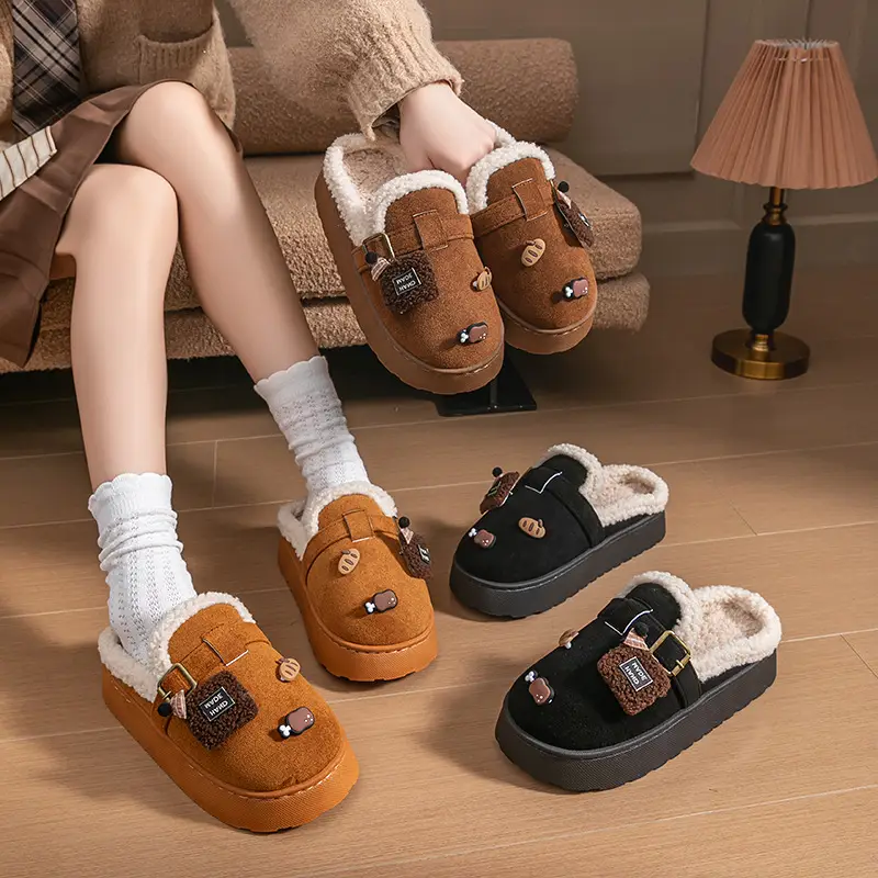 Creative DIY Velvet Birkenstock Cotton Shoes for Women in Autumn and Winter Fashionable Outer Wear Thick-Soled Non-Slip Warm Cotton Slippers - Image 12