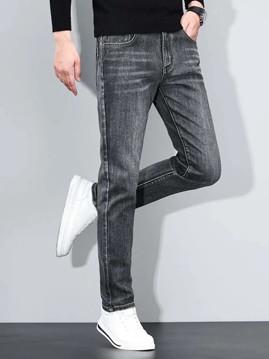 Men's Dark Blue Slim Fit Textured Wash Jeans Autumn Winter