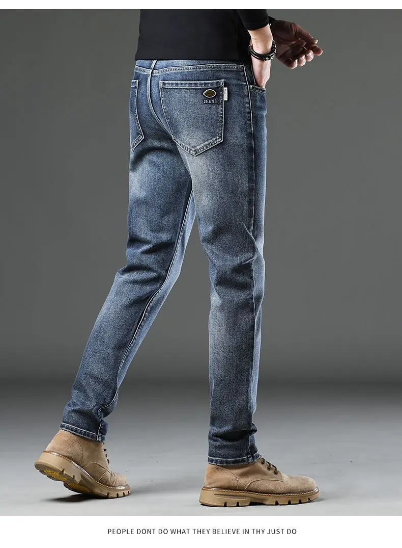 Men's Dark Blue Slim Fit Textured Wash Jeans Autumn Winter — feature 17
