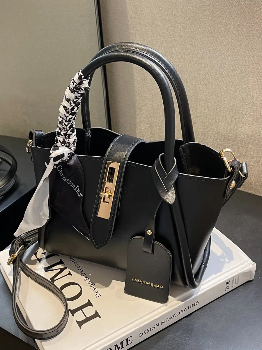 Black Leather Shoulder Crossbody Bag with Gold Plated Handles - Image 6
