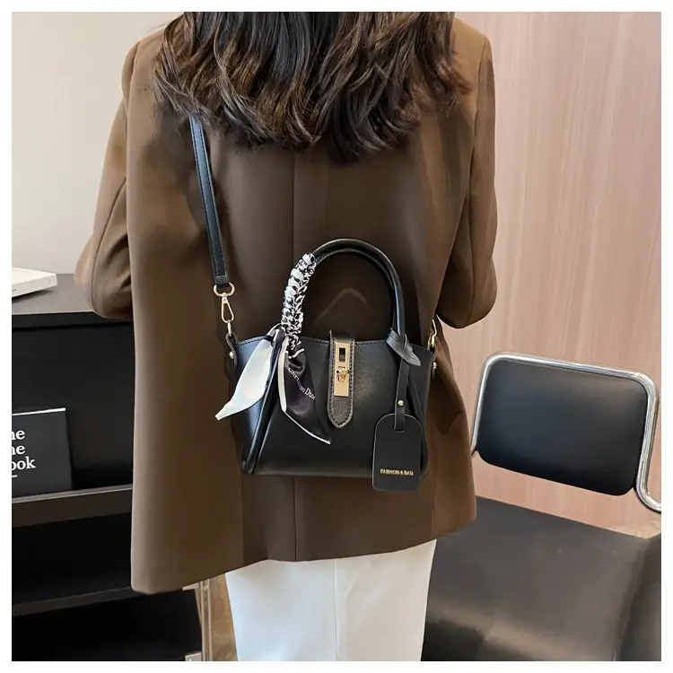 Black Leather Shoulder Crossbody Bag with Gold Plated Handles — feature 10