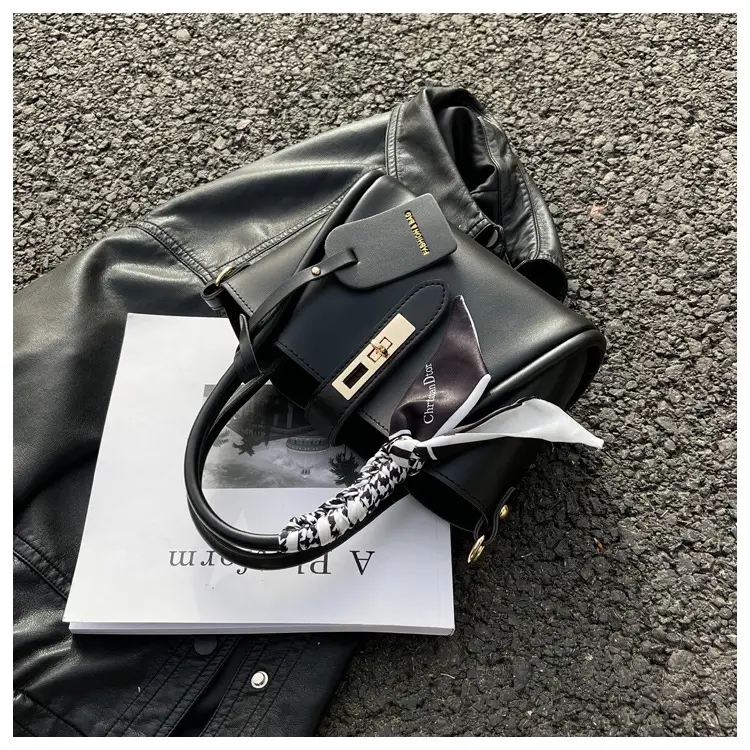 Black Leather Shoulder Crossbody Bag with Gold Plated Handles — feature 29