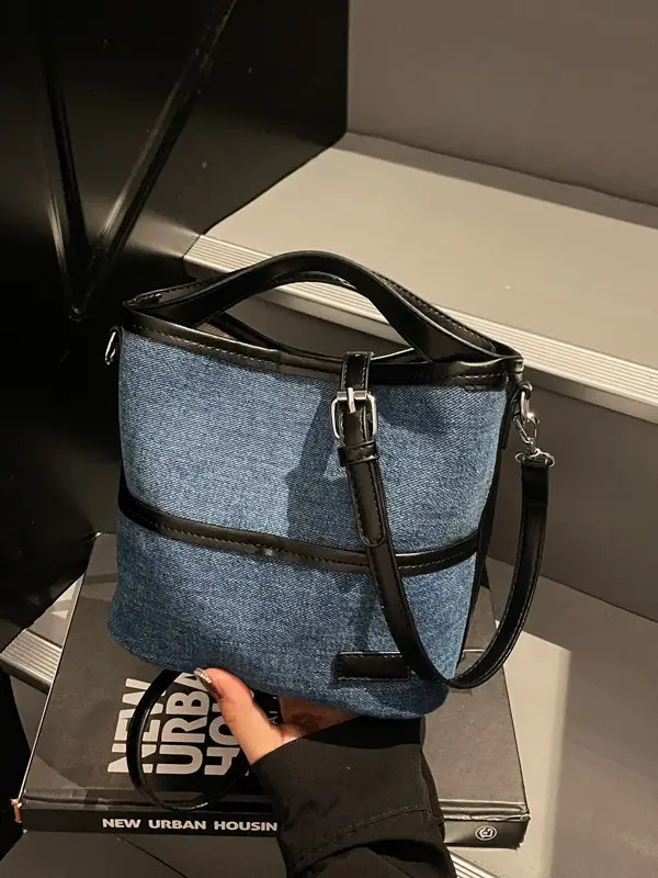 Blue Denim Crossbody Bag with Brown Leather Strap - Image 4