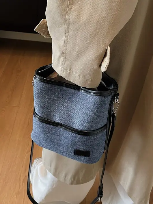 Blue Denim Crossbody Bag with Brown Leather Strap - Image 5
