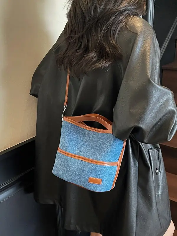 Blue Denim Crossbody Bag with Brown Leather Strap - Image 6