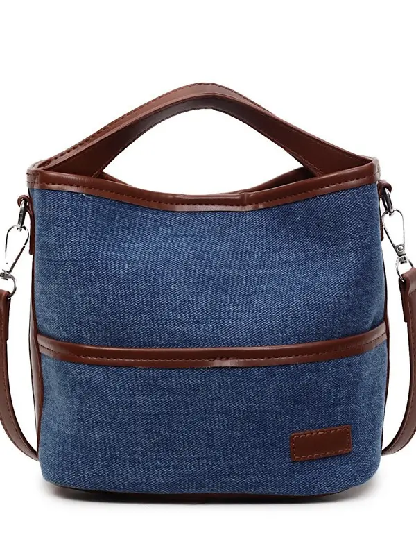 Blue Denim Crossbody Bag with Brown Leather Strap - Image 7