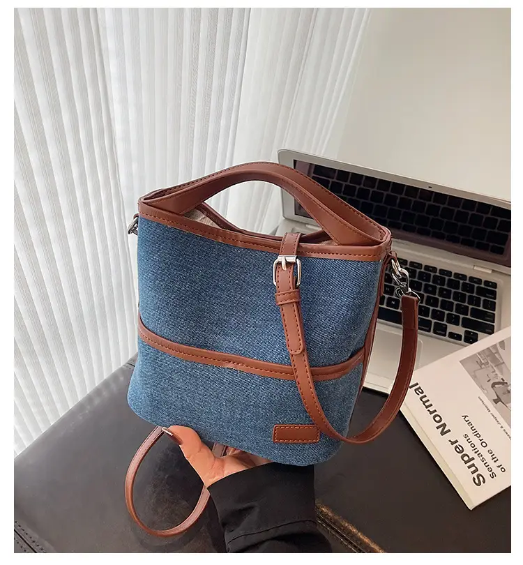 Blue Denim Crossbody Bag with Brown Leather Strap — feature 1