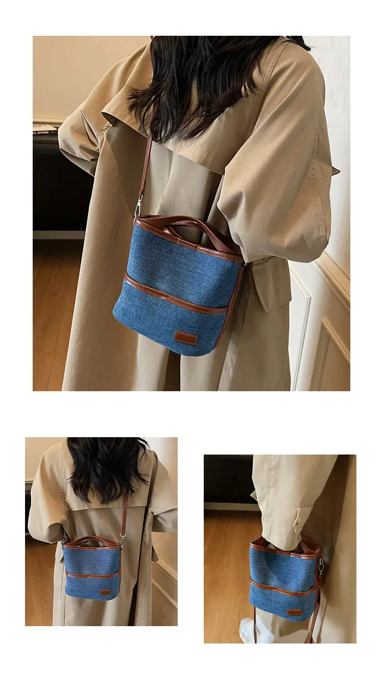 Blue Denim Crossbody Bag with Brown Leather Strap — feature 10