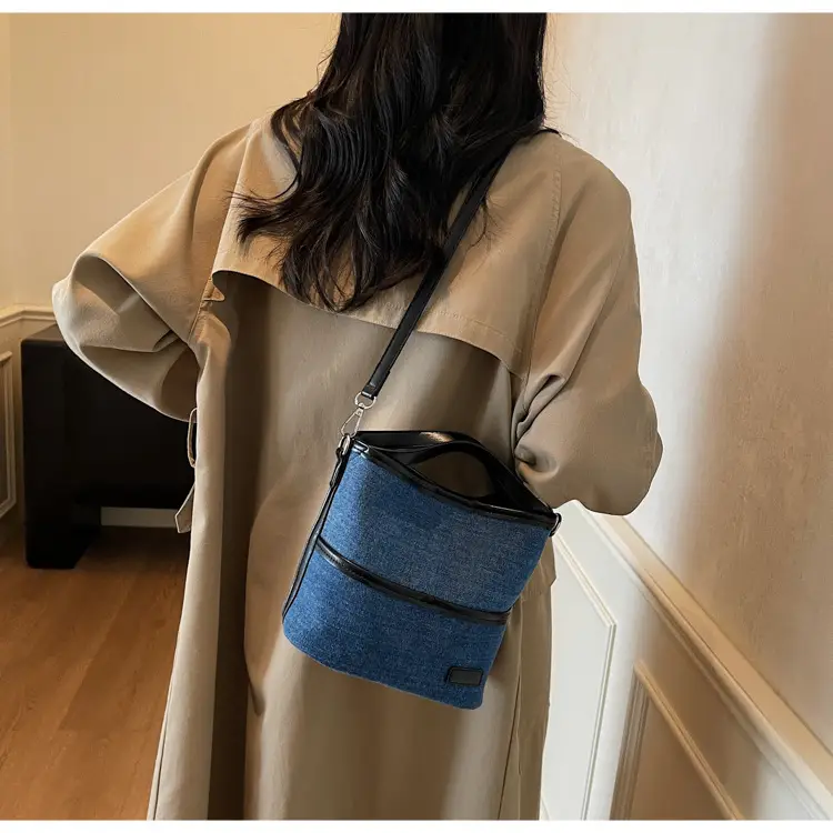 Blue Denim Crossbody Bag with Brown Leather Strap — feature 11