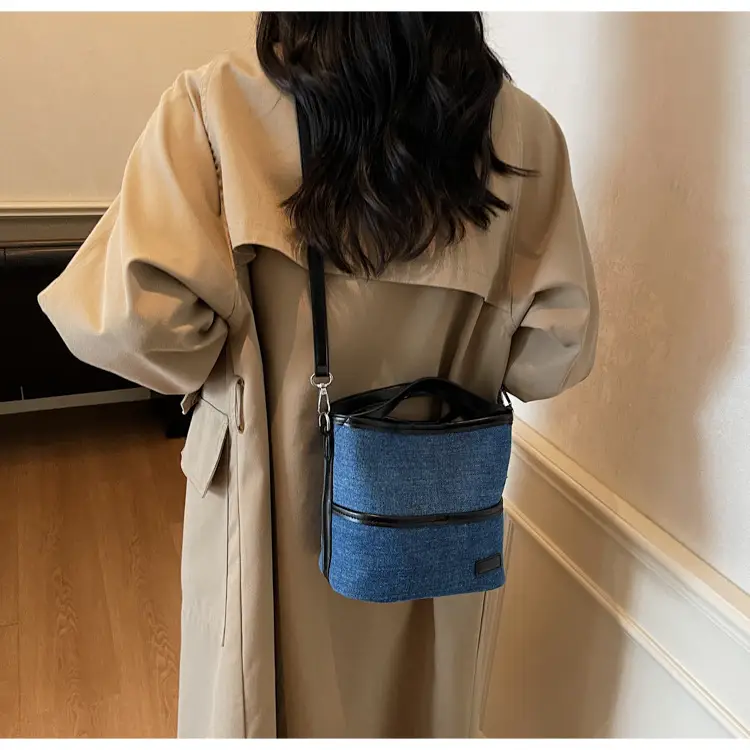 Blue Denim Crossbody Bag with Brown Leather Strap — feature 12