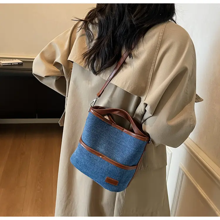 Blue Denim Crossbody Bag with Brown Leather Strap — feature 13