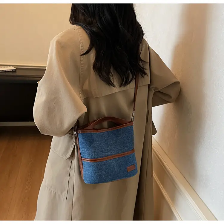 Blue Denim Crossbody Bag with Brown Leather Strap — feature 14
