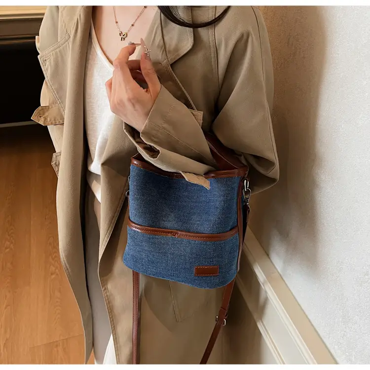 Blue Denim Crossbody Bag with Brown Leather Strap — feature 15