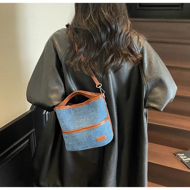 Blue Denim Crossbody Bag with Brown Leather Strap — feature 16