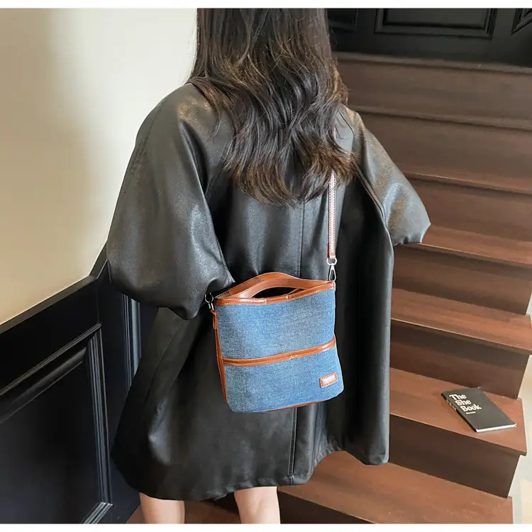 Blue Denim Crossbody Bag with Brown Leather Strap — feature 17