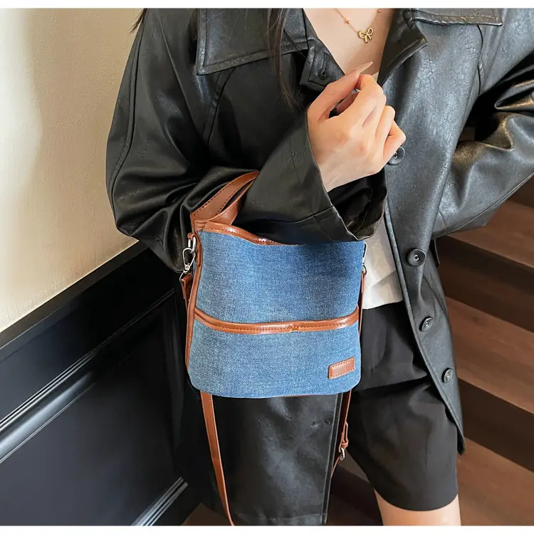 Blue Denim Crossbody Bag with Brown Leather Strap — feature 18