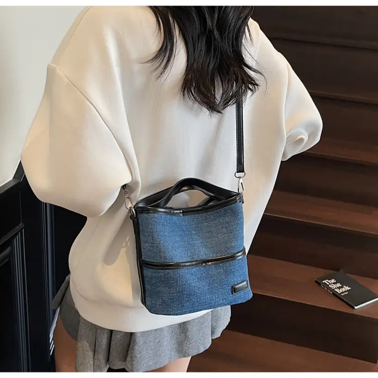 Blue Denim Crossbody Bag with Brown Leather Strap — feature 20