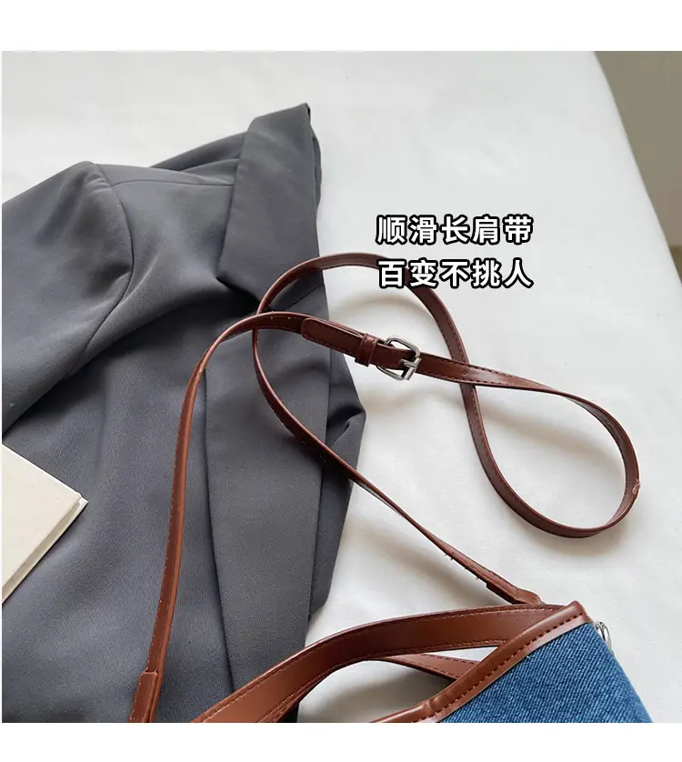 Blue Denim Crossbody Bag with Brown Leather Strap — feature 3