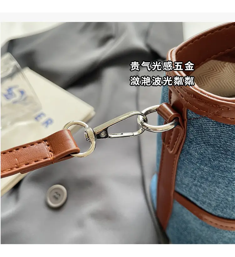 Blue Denim Crossbody Bag with Brown Leather Strap — feature 4