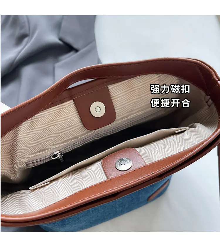 Blue Denim Crossbody Bag with Brown Leather Strap — feature 5