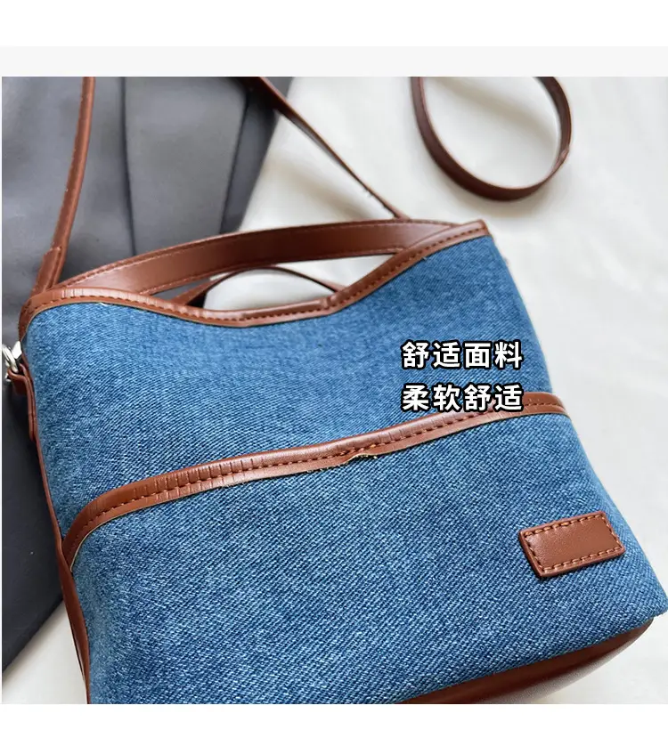 Blue Denim Crossbody Bag with Brown Leather Strap — feature 6