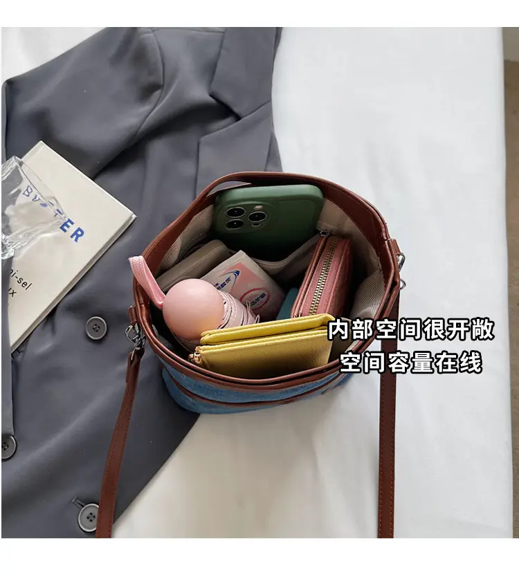 Blue Denim Crossbody Bag with Brown Leather Strap — feature 7