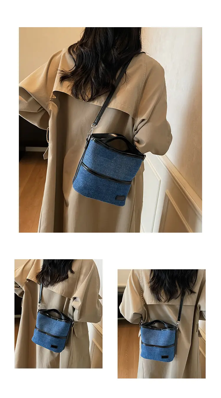 Blue Denim Crossbody Bag with Brown Leather Strap — feature 9