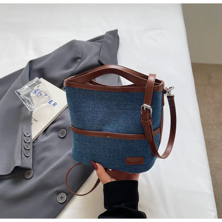 Blue Denim Crossbody Bag with Brown Leather Strap - Image 2