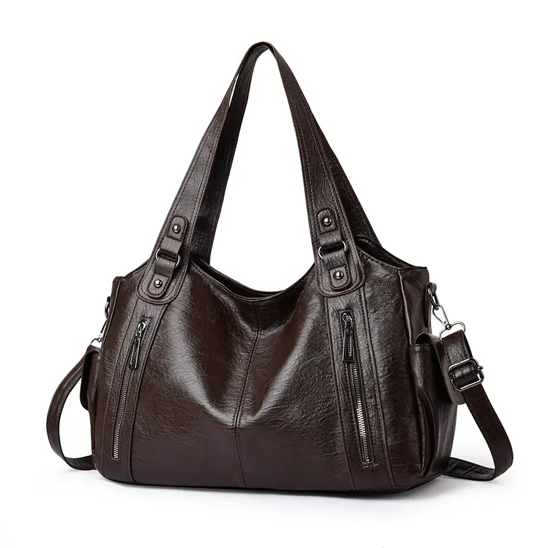 Brown Leather Women's Shoulder Bag with Multiple Pockets