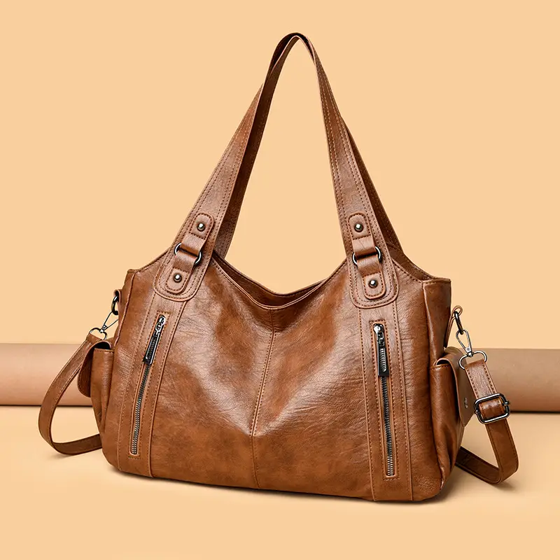 Brown Leather Women's Shoulder Bag with Multiple Pockets — feature 20