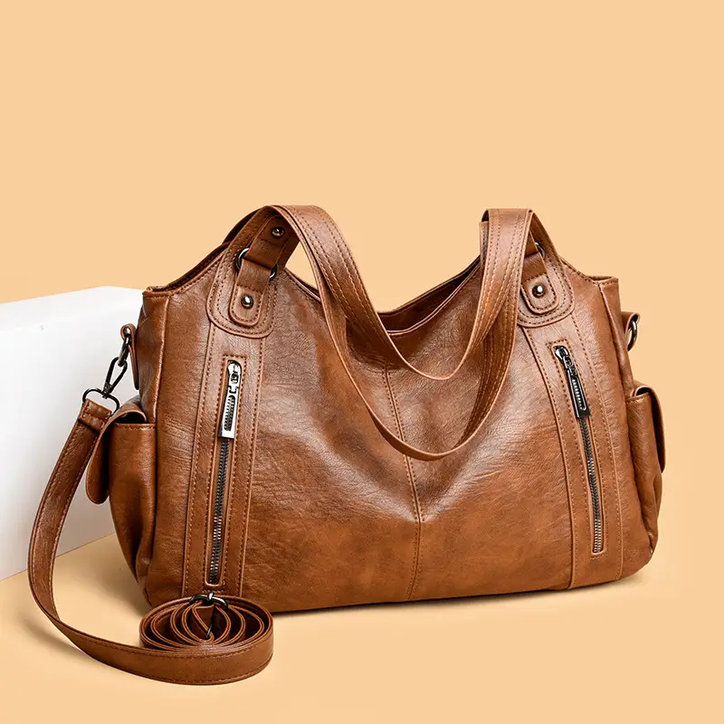 Brown Leather Women's Shoulder Bag with Multiple Pockets — feature 21