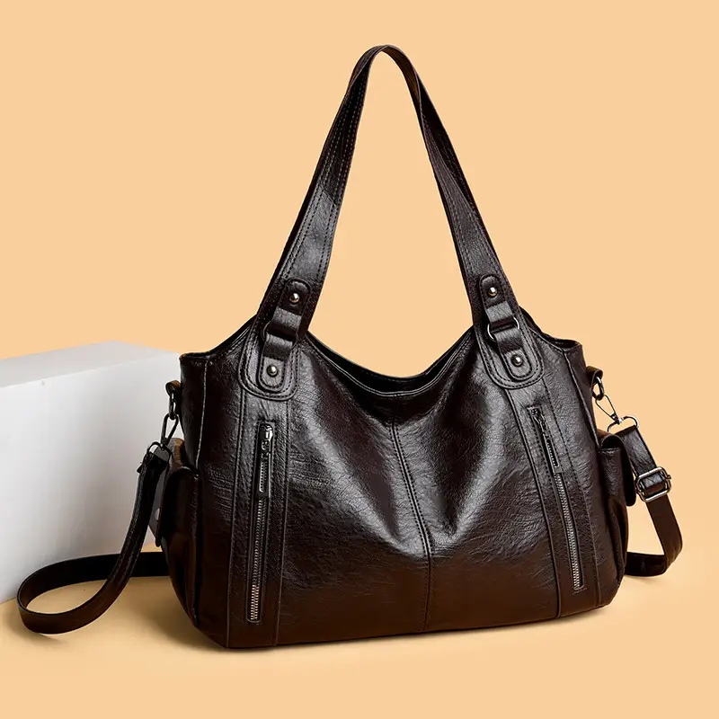 Brown Leather Women's Shoulder Bag with Multiple Pockets — feature 22