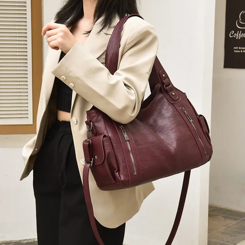 Brown Leather Women's Shoulder Bag with Multiple Pockets — feature 24