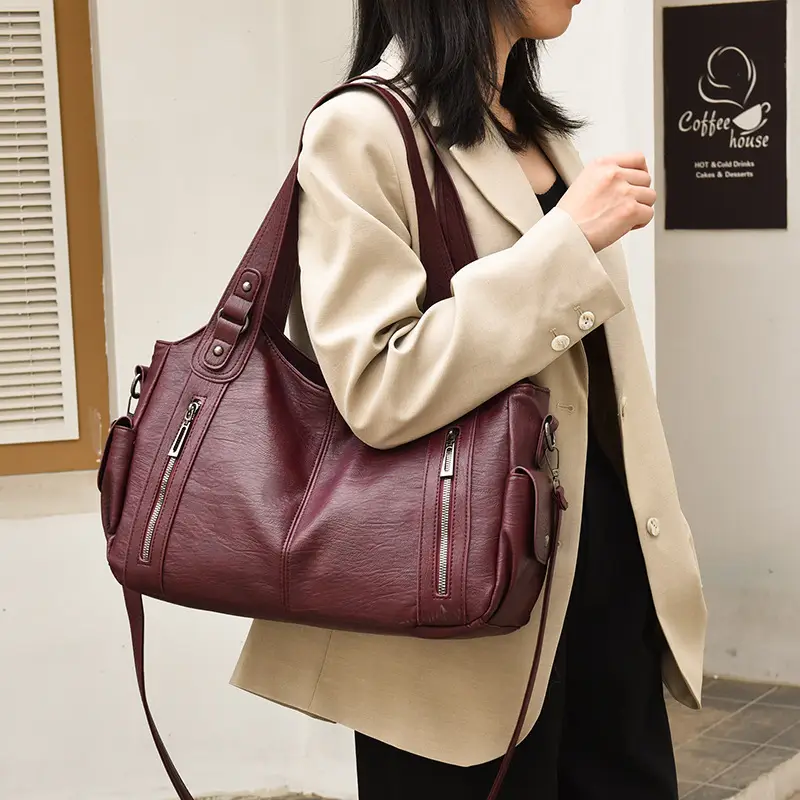 Brown Leather Women's Shoulder Bag with Multiple Pockets — feature 25