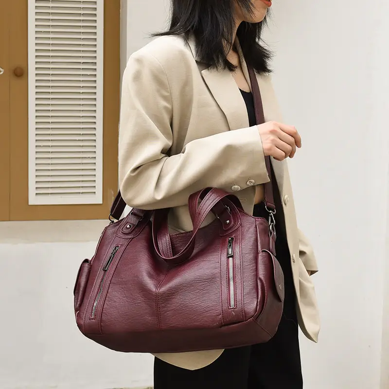 Brown Leather Women's Shoulder Bag with Multiple Pockets — feature 26