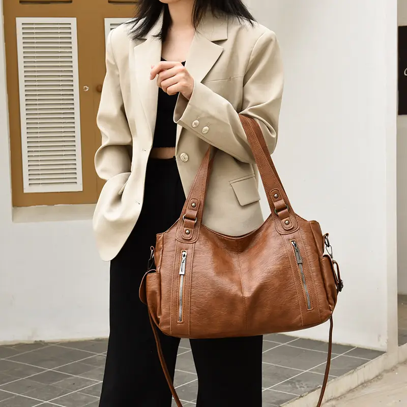 Brown Leather Women's Shoulder Bag with Multiple Pockets — feature 27