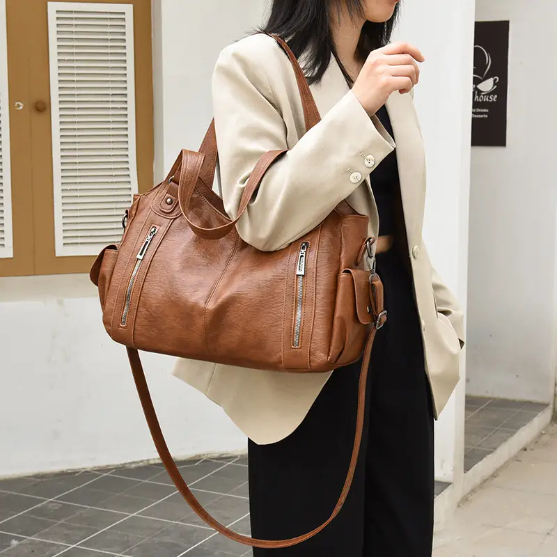 Brown Leather Women's Shoulder Bag with Multiple Pockets — feature 28