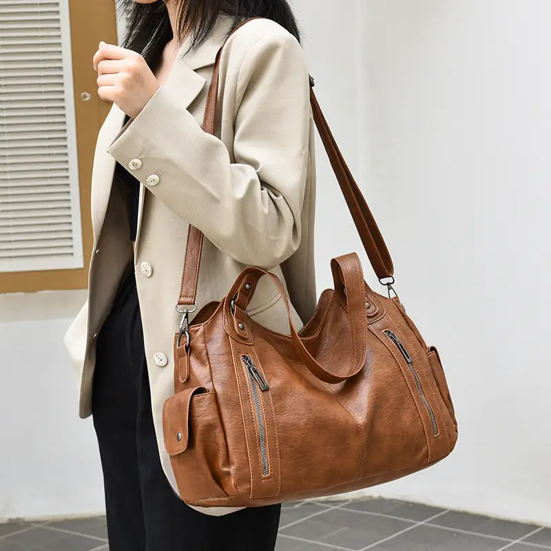 Brown Leather Women's Shoulder Bag with Multiple Pockets — feature 29