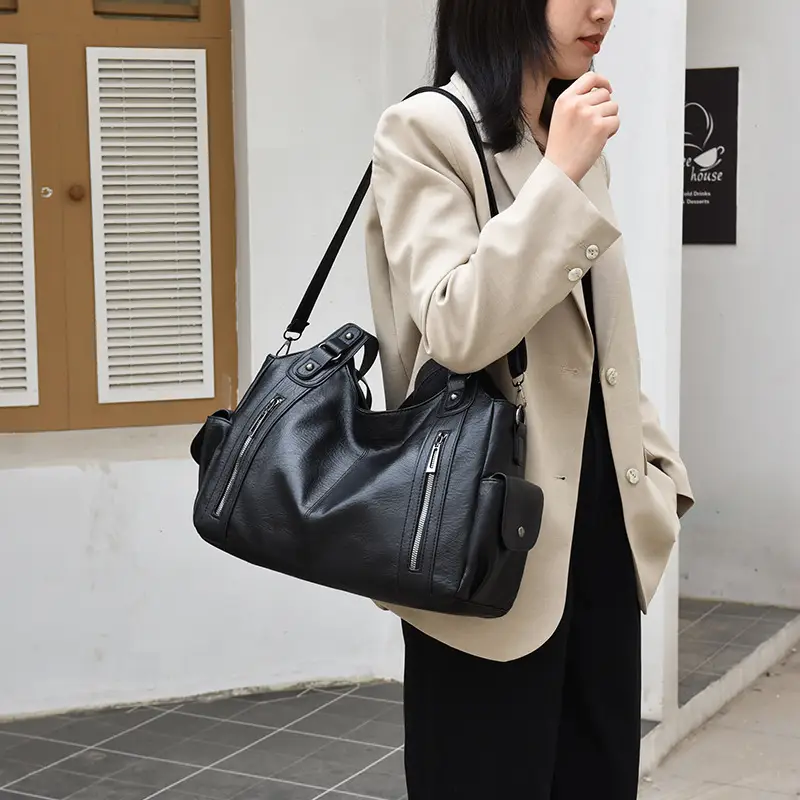 Brown Leather Women's Shoulder Bag with Multiple Pockets — feature 34