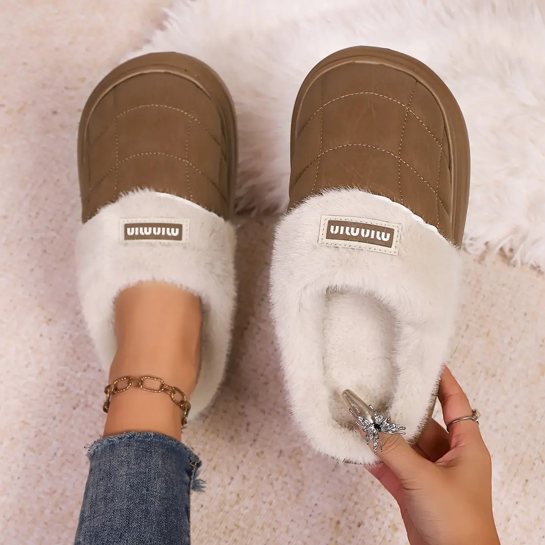 2025 New Autumn and Winter Flat Heel Non-Slip Fleece-Lined Women's Slippers Plush Home Cross-Border Furry Shoes Warm Furry Shoes — feature 1
