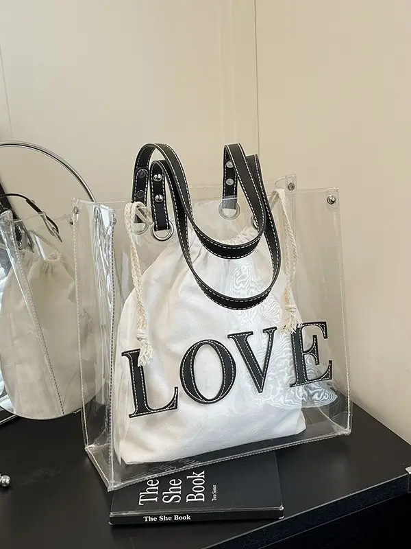 Transparent Love Print Large Shoulder Bag for Women