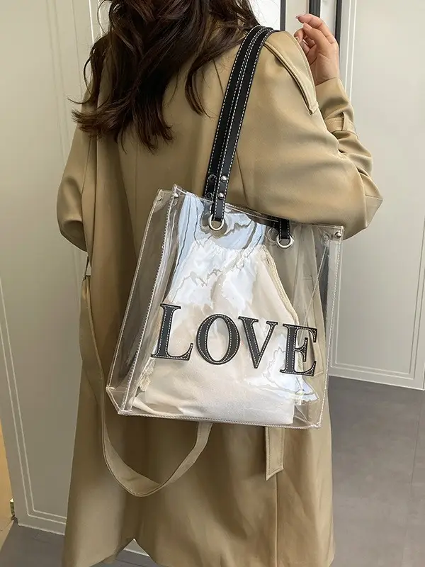Transparent Love Print Large Shoulder Bag for Women