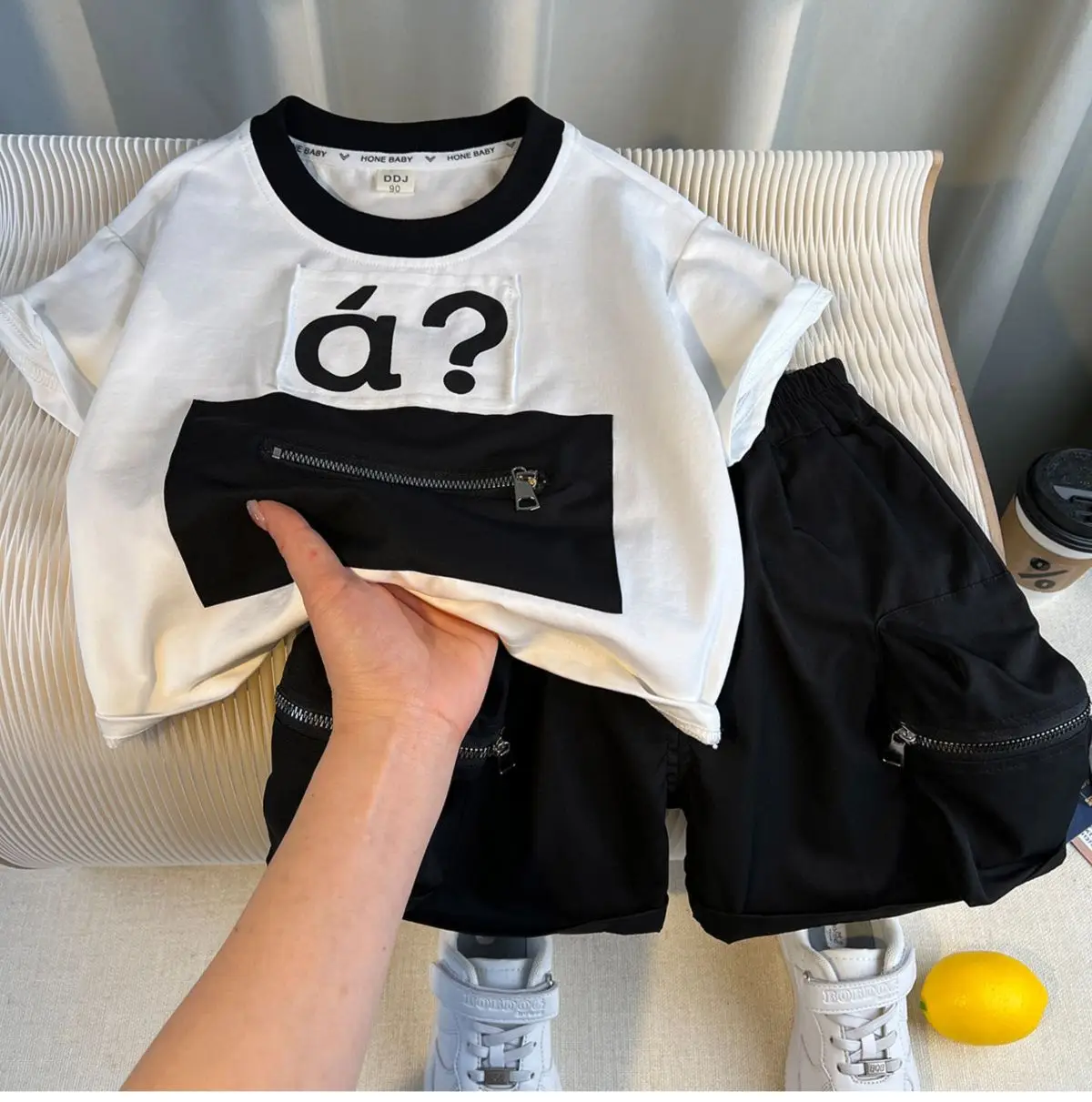 Boys 2Pc White Black a? T-Shirt Shorts Set - Image 5