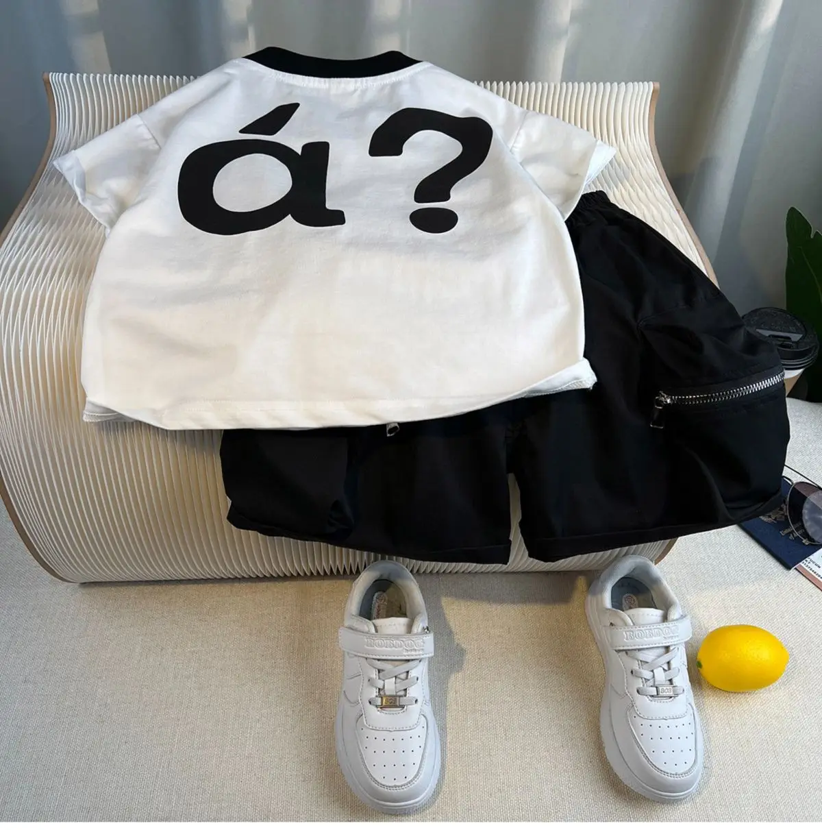 Boys 2Pc White Black a? T-Shirt Shorts Set - Image 6