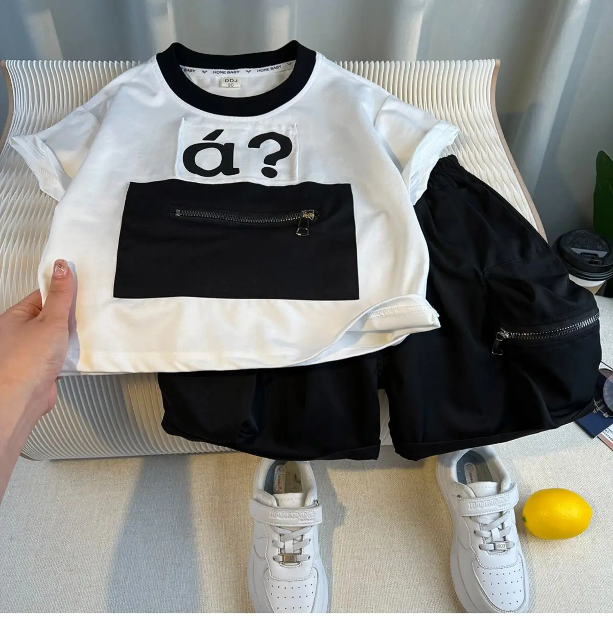 Boys 2Pc White Black a? T-Shirt Shorts Set — feature 16